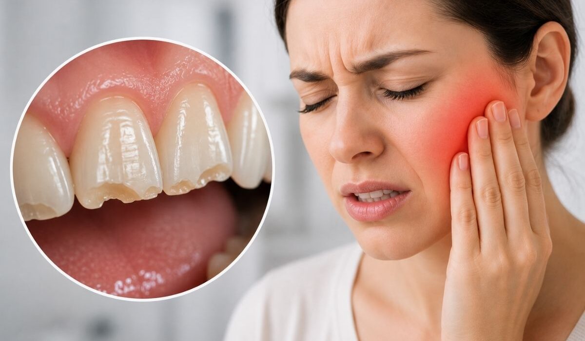 Diş minesinin aşındığı nasıl anlaşılır sorusunun görsel yanıtı olan; ön dişlerin uçlarında şeffaflaşma, sararma ve dentin sızlaması belirtilerini gösteren anatomik görsel.