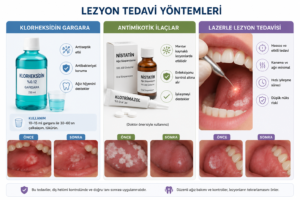 Klorheksidin gargara, antimikotik ilaçlar ve lazerle lezyon tedavisi