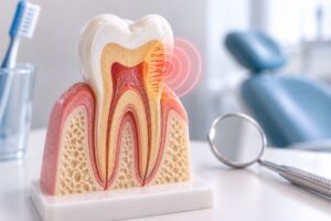 Diş anatomisini gösteren kesit görselinde dentin tübülleri ve hidrodinamik teoriye bağlı diş sızlama mekanizması