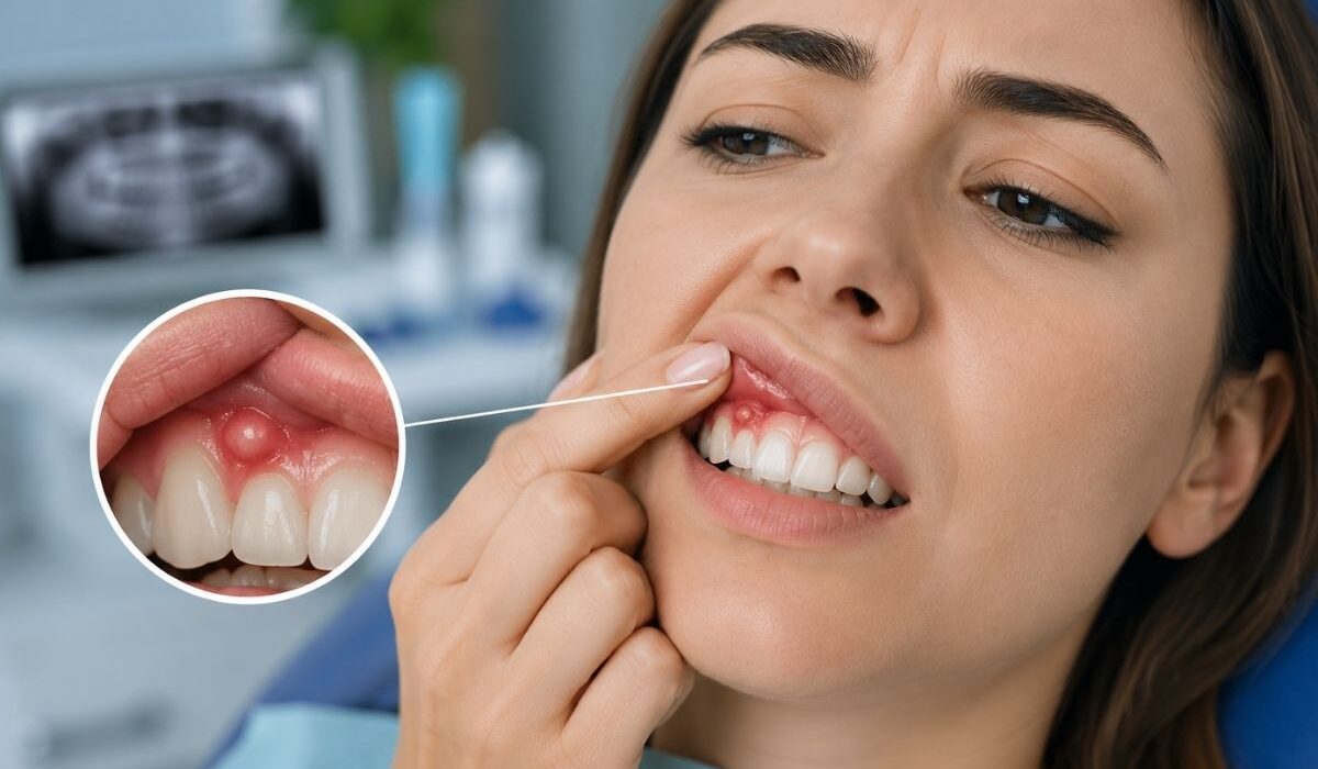 diş eti apsesi belirtisi gösteren ve diş etinde iltihaplı şişlik olan hasta