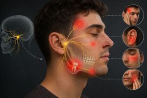 20 lik diş iltihabının kulak, şakak, göz ve çene bölgesine yayılan ağrı yollarını gösteren anatomik görsel