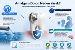 Amalgam dolgu nedir? Sağlık riskleri ve en iyi alternatifler 1 Amalgam dolgu neden yasak sorusunu açıklayan, cıva, çevresel etkiler ve hassas gruplara yönelik kısıtlamaları gösteren bilgilendirici diş sağlığı görseli