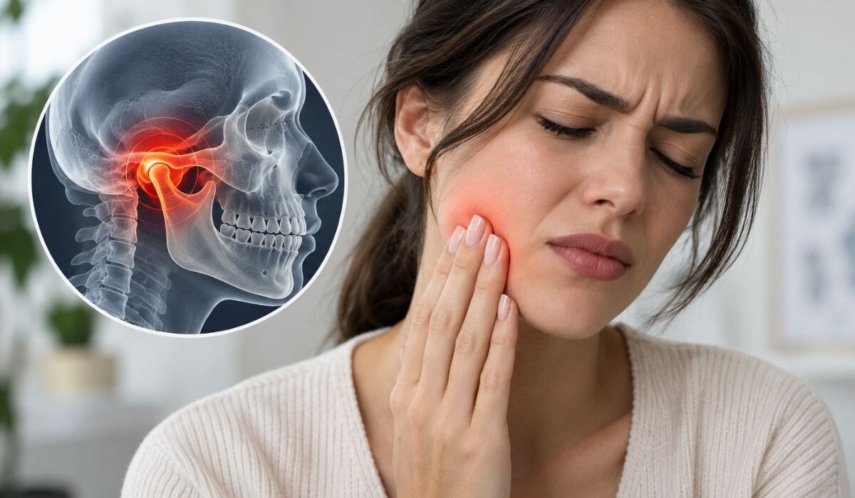 Çene ağrısı çeken bir kadın ve temporomandibular eklem (TME) bölgesindeki ağrının gösterimi.