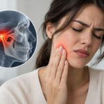 Çene ağrısı çeken bir kadın ve temporomandibular eklem (TME) bölgesindeki ağrının gösterimi.