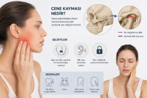 Çene Kayması ve Çıkması: Belirtileri, Nedenleri ve Tedavisi 1 Çene kayması nedir, belirtileri ve nedenlerini anlatan detaylı tıbbi infografik. Çene eklemi (TME) diskinin yer değiştirmesi, ağız açılırken çene sapması ve klik sesleri gösterimi.