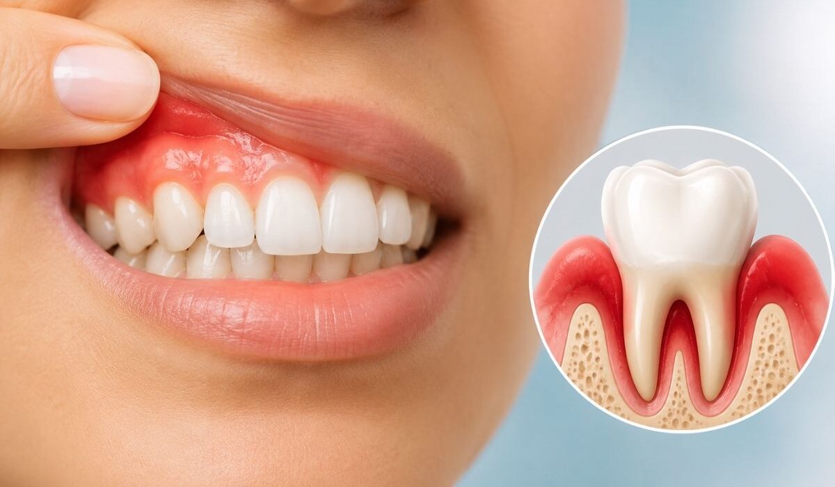 Kızarmış ve şişmiş diş eti iltihabı (gingivitis) belirtileri gösteren hasta ağzı ve diş kökü enfeksiyonu animasyonu