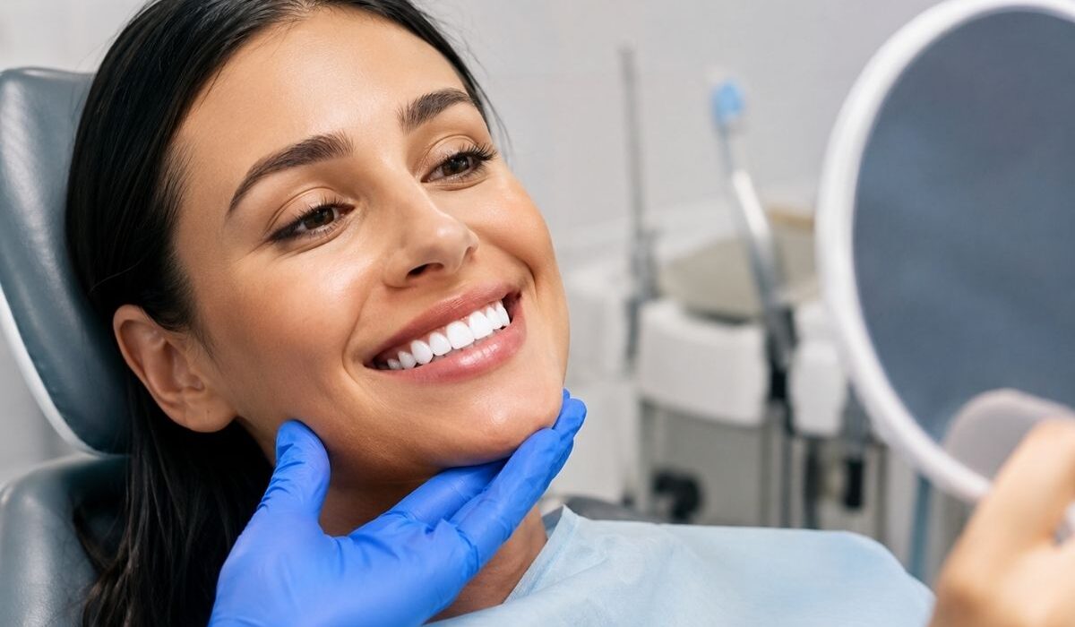 Diş kliniğinde elinde ayna tutarak Hollywood gülüşü (Hollywood smile) estetiği sonrası yeni ve beyaz dişlerine bakarak gülümseyen kadın hasta.
