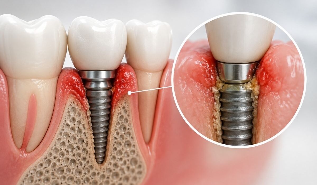 İmplant çevresinde iltihap (periimplantitis) oluşumunu, diş eti kızarıklığını ve çene kemiğindeki erimeyi gösteren anatomik tıbbi çizim.
