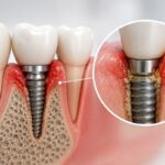 İmplant çevresinde iltihap (periimplantitis) oluşumunu, diş eti kızarıklığını ve çene kemiğindeki erimeyi gösteren anatomik tıbbi çizim.
