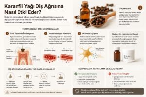 Karanfil yağının diş ağrısına etkisini ve öjenolün ağrı mekanizmasındaki rolünü gösteren bilgilendirici tıbbi görsel.