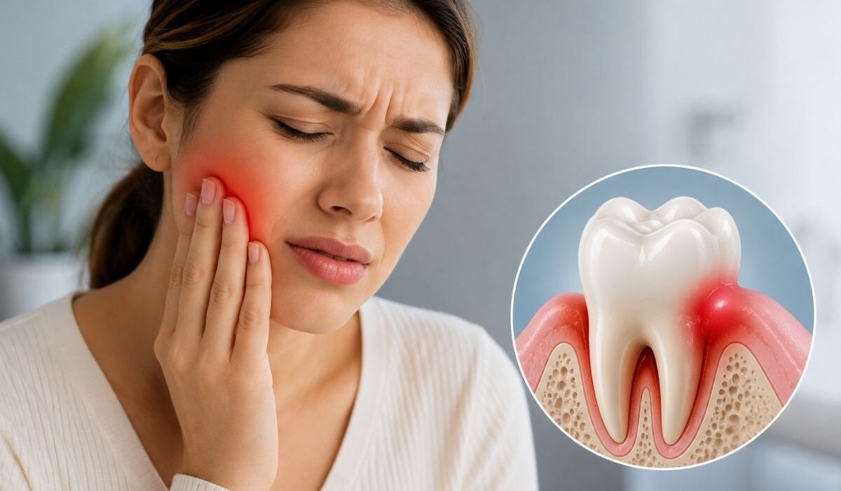 Yüzünü tutarak şiddetli diş ağrısı çeken hasta ve sinir iltihabını (pulpitis) gösteren tıbbi diş anatomisi animasyonu