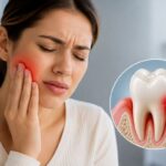 Yüzünü tutarak şiddetli diş ağrısı çeken hasta ve sinir iltihabını (pulpitis) gösteren tıbbi diş anatomisi animasyonu