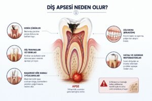 Diş apsesi nedir ve diş eti apsesinden farkı nedir? 1 Diş apsesi nedenlerini gösteren bilgilendirici infografik; derin çürük, diş travması ve kırıkları, başarısız kök kanalı, diş sıkma ve sızdıran restorasyonların apse oluşumuna etkisini gösteriyor.