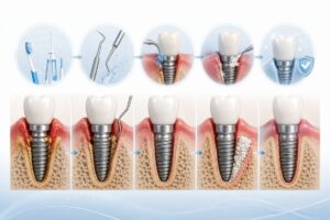 İmplant iltihabı tedavi yöntemlerini gösteren diş implantı ve diş eti görseli