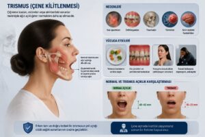 Trismus (çene kilitlenmesi) durumunda ağız açıklığının azalmasını ve vücut üzerindeki etkilerini gösteren bilgilendirici tıbbi görsel