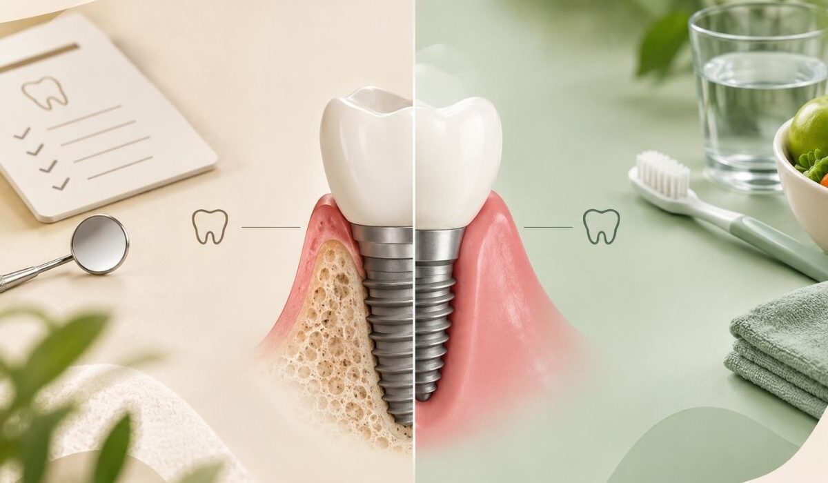 Çene kemiğine yerleştirilmiş diş implantı anatomik modeli ve ağız hijyeni bakım ürünleri
