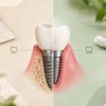 Çene kemiğine yerleştirilmiş diş implantı anatomik modeli ve ağız hijyeni bakım ürünleri