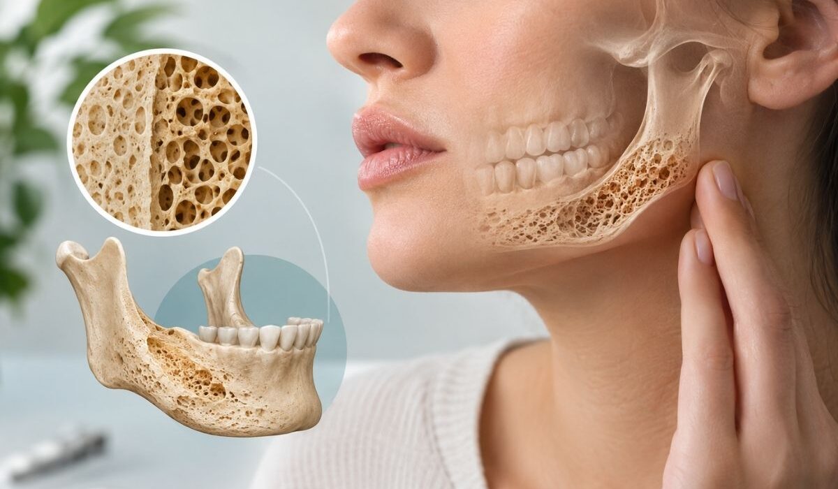 Çene kemiği erimesi ve alveol kemik kaybını gösteren anatomik ilüstrasyon