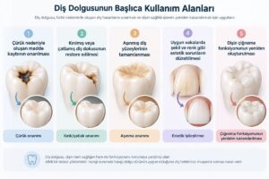 Diş dolgusu nedir? Çeşitleri, malzemeleri ve uygulaması 1 Diş dolgusu kullanım alanları; çürük, kırık, aşınma ve estetik diş onarımı