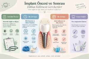 İmplant öncesi ve sonrası dikkat edilmesi gerekenler nelerdir? 1 İmplant öncesi ve sonrası dikkat edilmesi gerekenleri gösteren bilgilendirici infografik