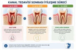 Kanal tedavisi sonrası iyileşme sürecini gösteren 1-2, 3-5 ve 7-14 günlük aşamalar