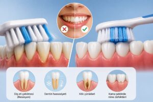 Sert Diş Fırçası ve Dişleri Sert Fırçalamak Diş Etlerine Zarar Verir mi? 1 Sert diş fırçalama ve sert diş fırçasının diş eti çekilmesi, dentin hassasiyeti ve diş aşınmasına etkisini gösteren görsel