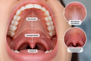 Sert damak ve yumuşak damak anatomisini gösteren ağız içi görseli